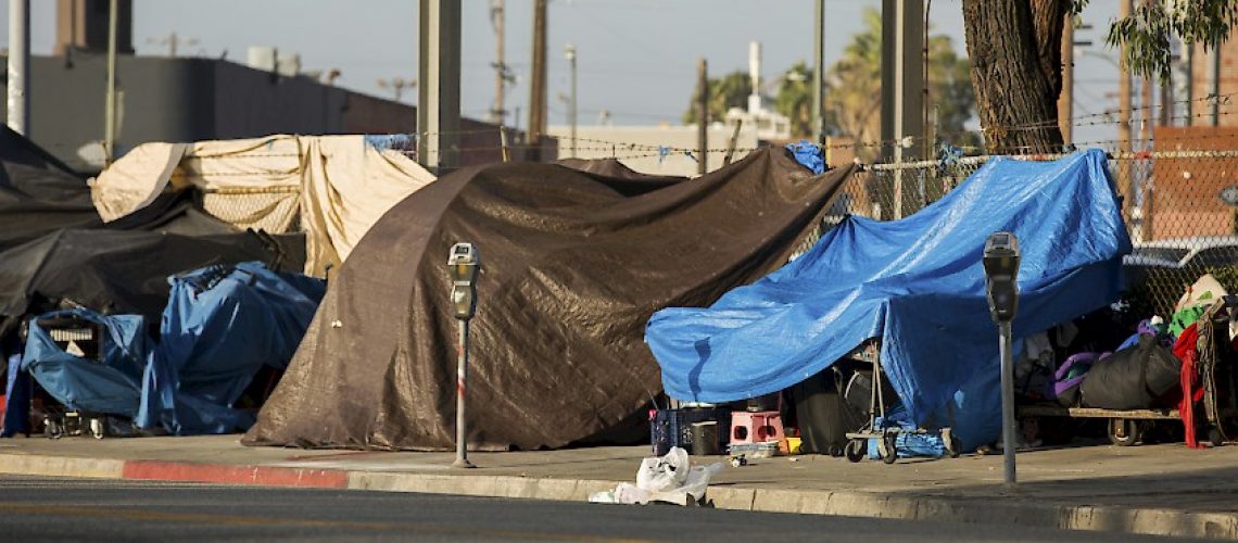 View of the homeless encampments along Central Avenue in Downtown Los Angeles, California.